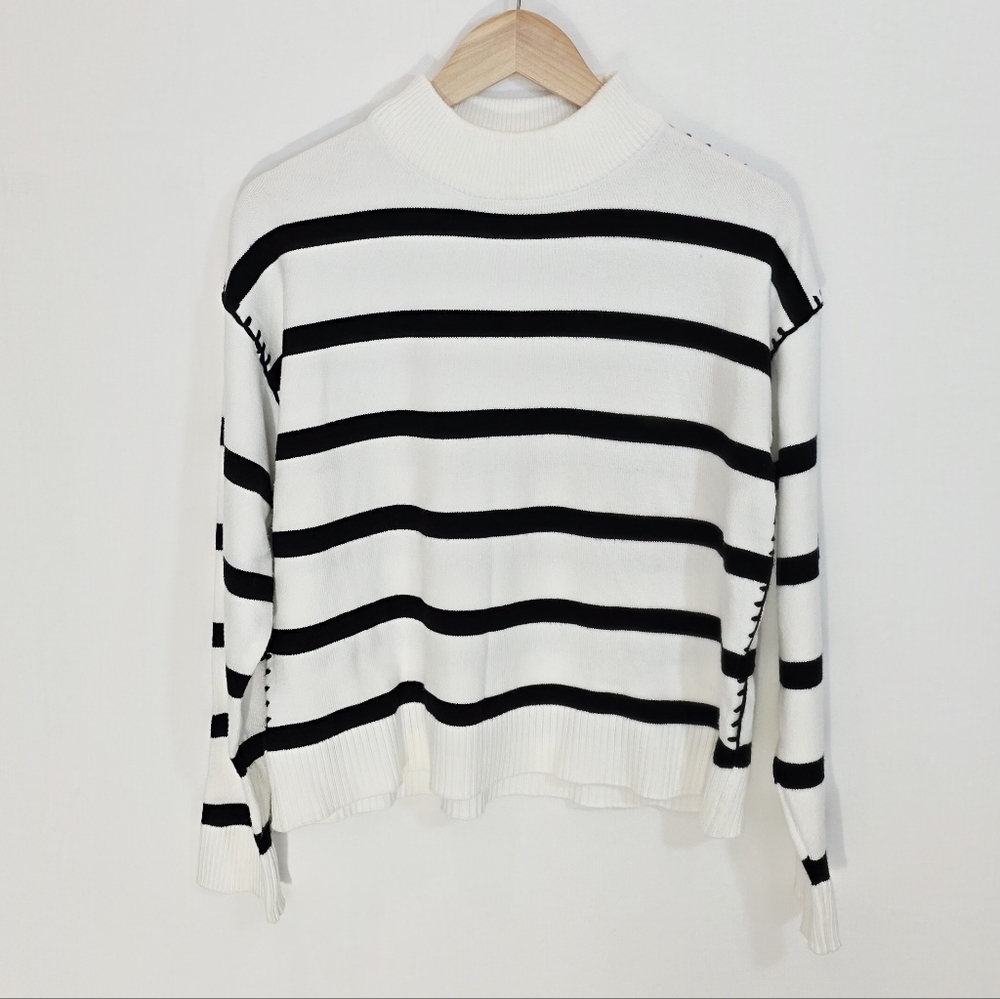 T Tahari Black White Striped Mock Neck Viscose Blend Women's Sweater Size L